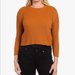 Cropped Ribbed Knit Sweater Mustard Brown Size Small